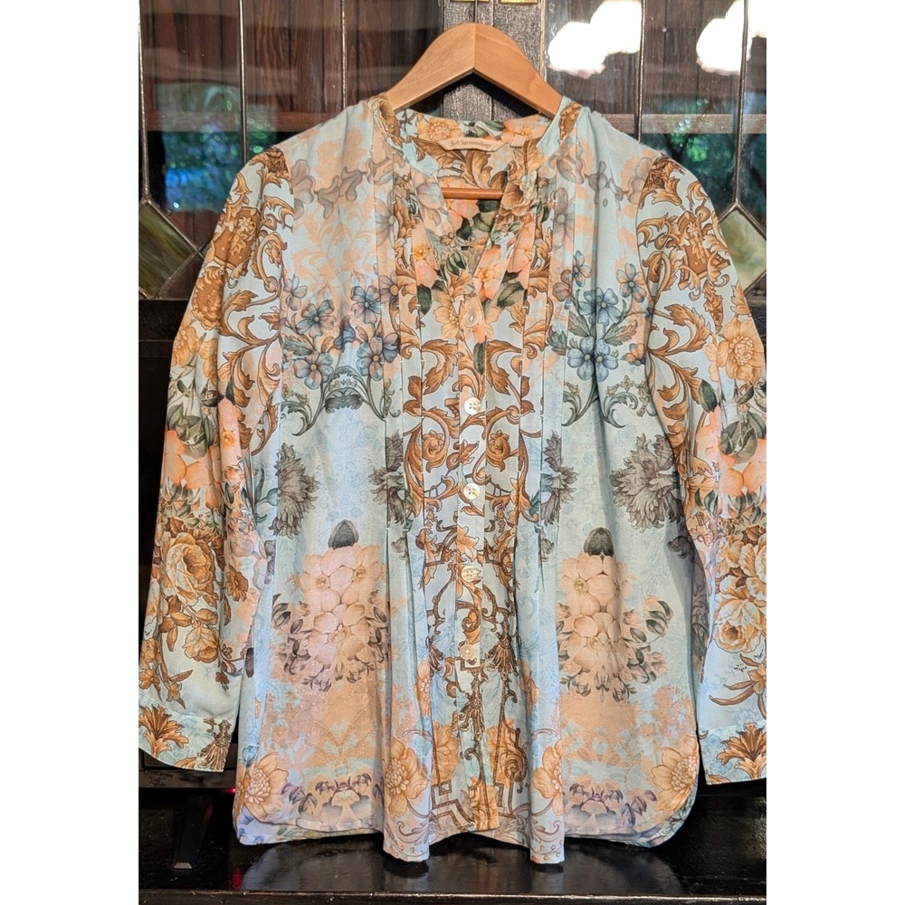 Soft Surroundings Blue Gold Baroque Floral Pintuck Blouse size Small boho - Picture 3 of 11